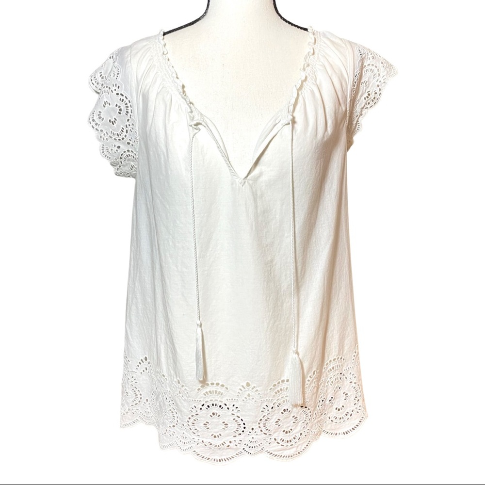 Joie White Lace Eyelet Peasant Top